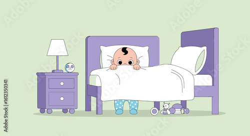 A Cartoon Baby Peeking over a Duvet in a Bedroom with Toys and Furniture