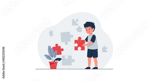 A boy solving a puzzle, an illustration representing problem solving, teamwork, and the joy of completing a challenge with a creative solution