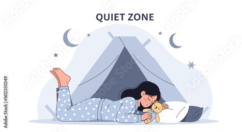 A calming illustration depicting a young woman peacefully asleep in a quiet zone environment