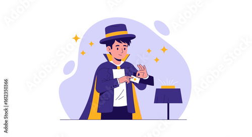 A Cartoon Magician Is Showing Trick With A Magic Wand On Stage