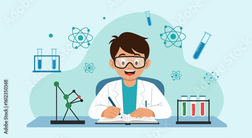 A cartoon scientist at work, surrounded by science equipment and atom illustrations