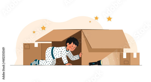 A cartoon illustration depicting a boy playing inside a cardboard box house at night