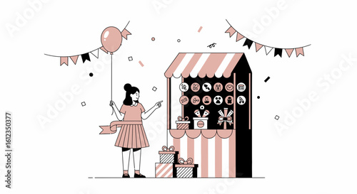 A charming illustration depicting a fairground game and a girl holding a balloon