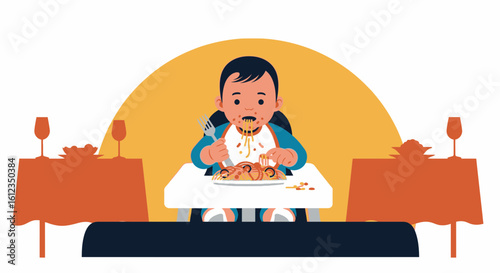A charming illustration of a baby joyfully eating spaghetti at a formal dinner