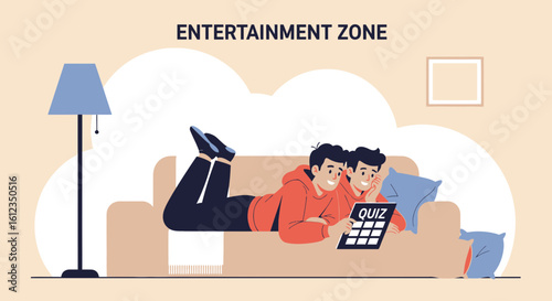 A cozy evening with friends: Two men relax and enjoy a fun quiz together on a tablet