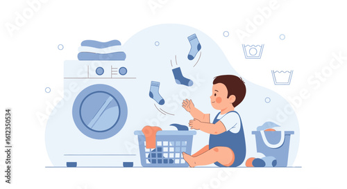 A cute baby playing with socks during laundry time, creating a playful scene in laundry