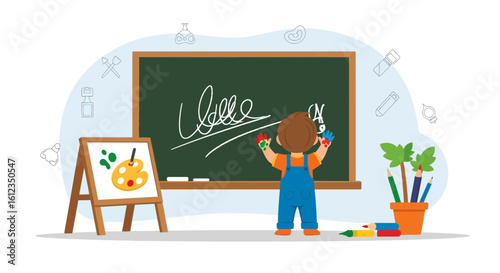 A Cute Cartoon of a Little Boy Writing on a Chalkboard with Paint, Educational Illustration