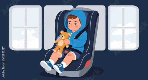 A cute toddler in a car seat enjoying a comfortable and secure ride holding his teddy bear