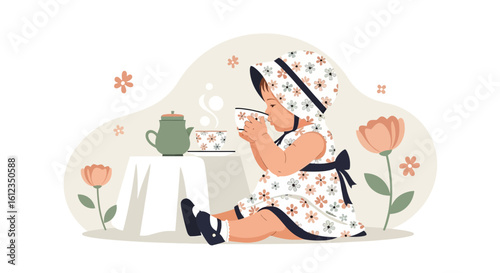 A delightful illustration featuring a baby enjoying a tea party with whimsical floral designs and soft pastel colors