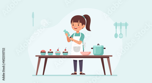 A joyful girl making cupcakes in a bright kitchen illustration art design