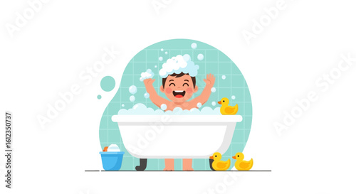 A joyful little boy enjoying a bubbly bath time with his rubber ducks illustration