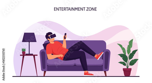 A Man Immersed in Virtual Reality Reclines on a Couch, Enjoying Digital Entertainment