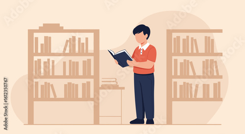 A Man Reading a Book Standing in Front of Library Bookshelves