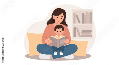 A Mother Reads With Her Son On The Sofa In The Living Room