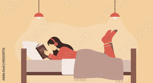 A peaceful moment reading in bed, a cozy and relaxing illustration about leisure time activity and reading a book while listening to music