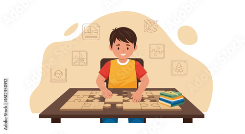 A young boy concentrating on a puzzle activity promoting cognitive development and skills development during educational time