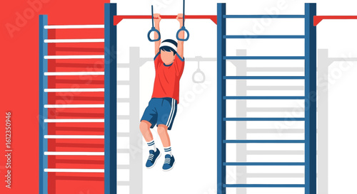 A young boy exercising with gymnastic rings in a vibrant indoor setting designed for physical activity and training