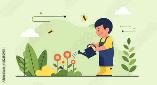 A young boy happily waters flowers in his garden, promoting growth and nurture