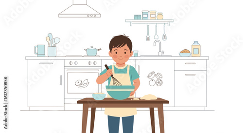 A young boy happily bakes in a bright kitchen surrounded by cooking essentials creating delicious memories and practicing culinary skills