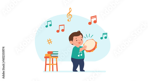 A young boy playing the tambourine surrounded by musical notes in a whimsical illustration