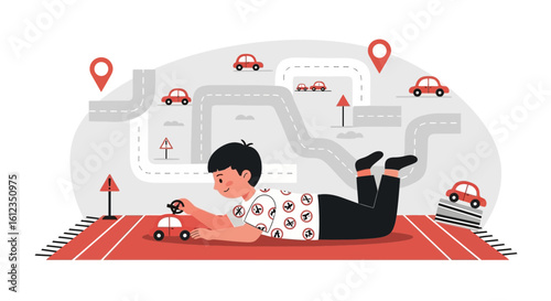 A young boy playing with toy cars on a road-themed rug dreaming of driving learning
