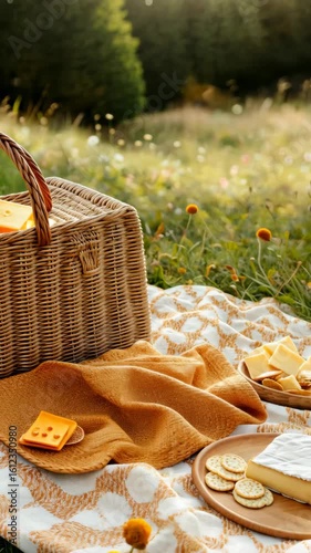 Serene picnic on a sunny meadow with cheese and wicker basket