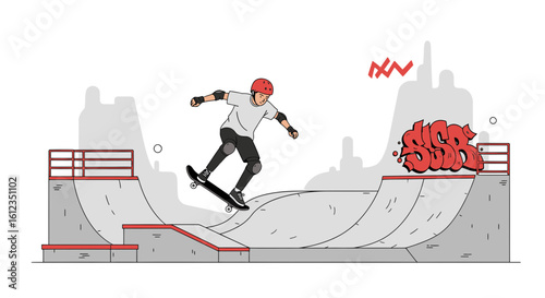 Active Skateboarder Performing Trick At Skatepark With Urban Background Scene