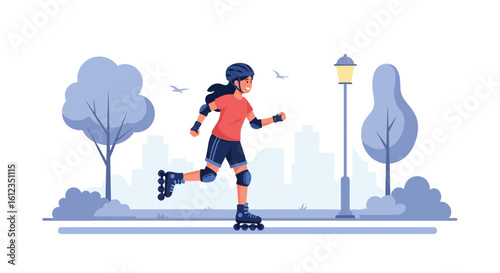 Active Woman Enjoys Rollerblading In Urban Park For Exercise And Recreation