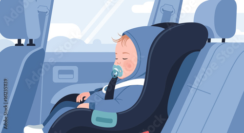 Adorable baby asleep in a car seat, ensuring safety and comfort during travel with a calm expression