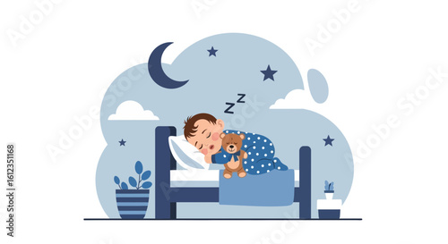 Adorable baby boy sleeping soundly in his bed under a starlit night sky