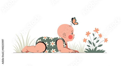 Adorable baby crawling in a garden, captivated by a butterfly and bright flowers