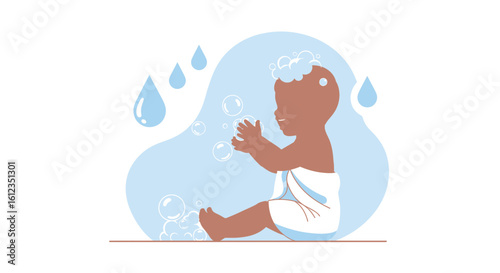 Adorable baby enjoying bath time with bubbles and water drops cute illustration