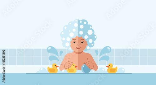 Adorable baby enjoying bath time with playful rubber ducks in a bubbly scene