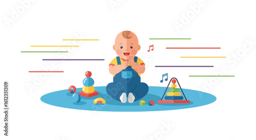 Adorable Baby Enjoying Music While Playing With Colorful Stacking Toys On Playmat