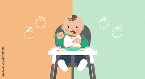 Adorable baby enjoying mealtime in high chair with food vector illustration
