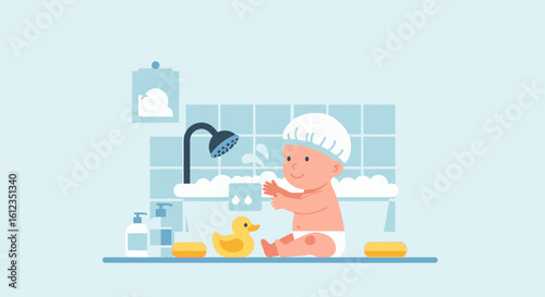 Adorable Baby Enjoys Bubble Bath Time with Yellow Duck Toy