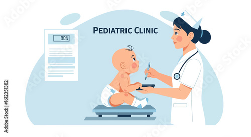 Adorable Baby Getting Weighed By Nurse At Pediatric Clinic Illustration