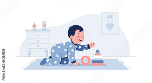 Adorable baby playing with a colorful ring stacker toy in a nursery setting