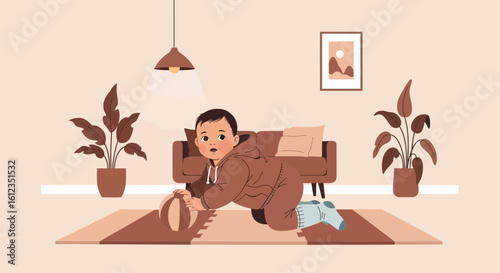 Adorable baby playing with a ball in a cozy living room illustration scene