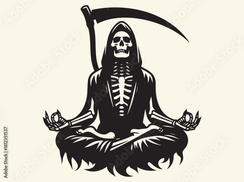 Grim Reaper Meditating with Scythe Illustration for Gothic Tattoo Art, Death Symbolism, Spiritual Solitude, and Fantasy Character Design