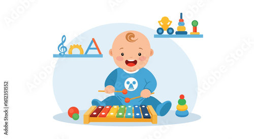 Adorable baby playing with a colorful xylophone surrounded by various toys illustration