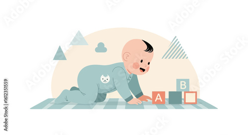 Adorable baby playing with alphabet blocks illustration symbolizing early childhood development and learning activities