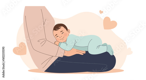 Adorable baby sleeping peacefully on mother's lap with love hearts around them