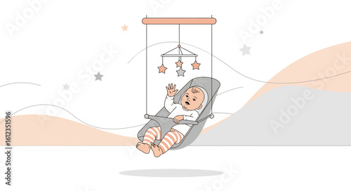 Adorable baby swinging gently in a cozy bouncer with hanging stars mobile illustration