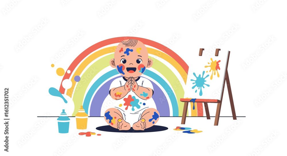 Obraz premium Adorable illustration of a baby covered in paint, happily painting with vibrant colors near a rainbow