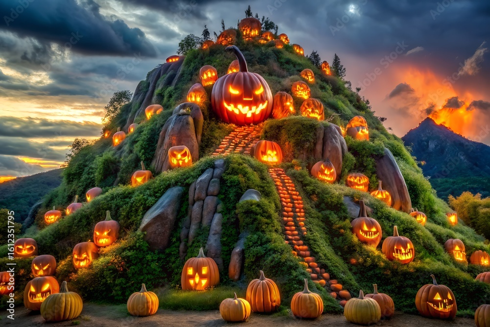 Fototapeta premium A hill covered in glowing halloween pumpkins and jackolanterns under a full moon