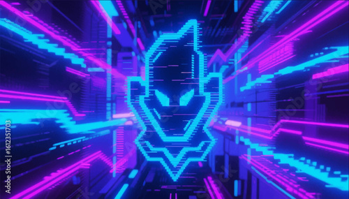 A bright abstraction in the style of steam punk with neon graphic stripes and an evil face in the middle symbolizing a computer virus. Vector graphics. EPS