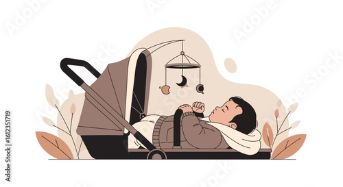 Adorable illustration of a baby peacefully sleeping in a stroller with a mobile hanging