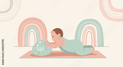 Adorable Infant Reaching For Toy Ball During Tummy Time In Pastel Nursery