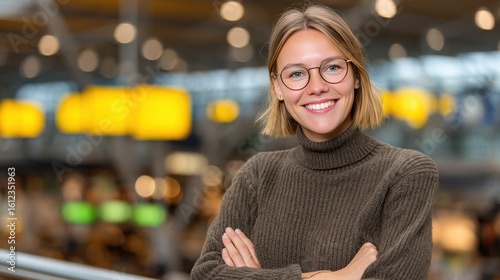 Cheerful Young Woman Smiling in a Modern Indoor Space with Warm Lighting
